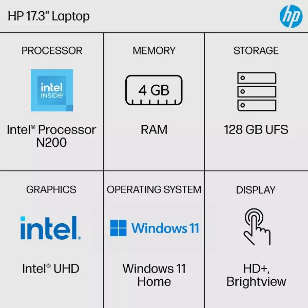 Refurbished HP 17 cn3002tg: 17.3", Intel N200, 4GB RAM, 128GB UFS (Manufacturer Refurbished)